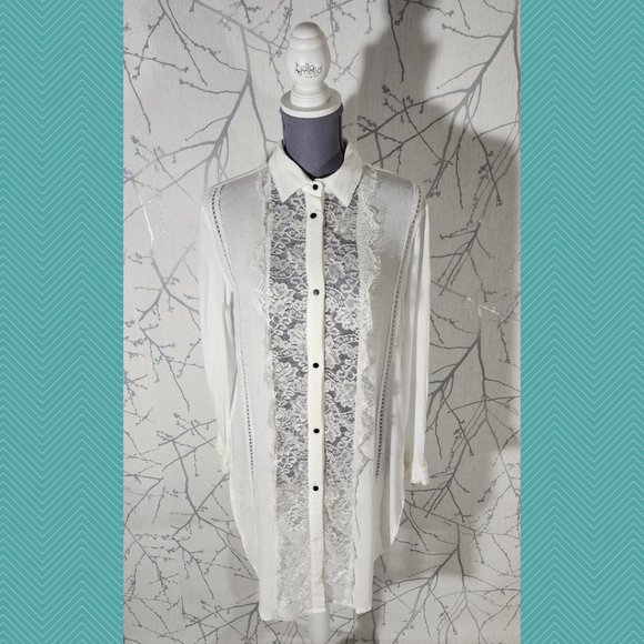 POL White Snap Front Lace Panel Shirt Dress - Picture 1 of 7